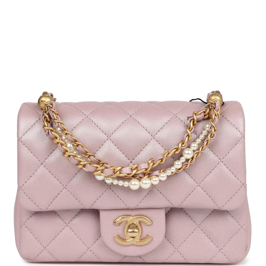 4umQHNCA-Chanel-Mini-Square-Pearl-Flap-Bag-Light-Pink-Iridescent-Lambskin-Brushed-Gold-Hardware Chanel Mini Square Pearl Flap Bag Light Pink Iridescent Lambskin Brushed Gold Hardware - Image 1