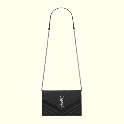 SAINT LAURENT CASSANDRE ENVELOPE CHAIN WALLET IN GRAIN DE POUDRE LEATHER