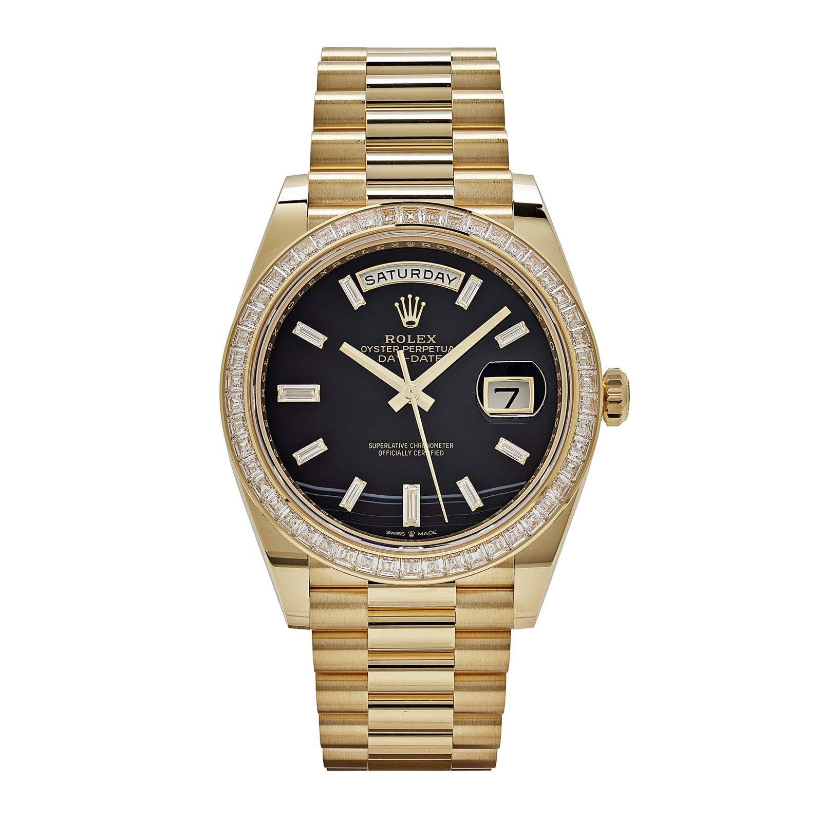 rolex-day-date-228398tbr-yellow-gold-onyx-baguette-diamond-dial-baguette-bezel-2023-rolex-42592140755188 Rolex Day-Date 40 228398TBR Yellow Gold Onyx Baguette Diamond Dial Baguette Bezel (2023) - Image 1