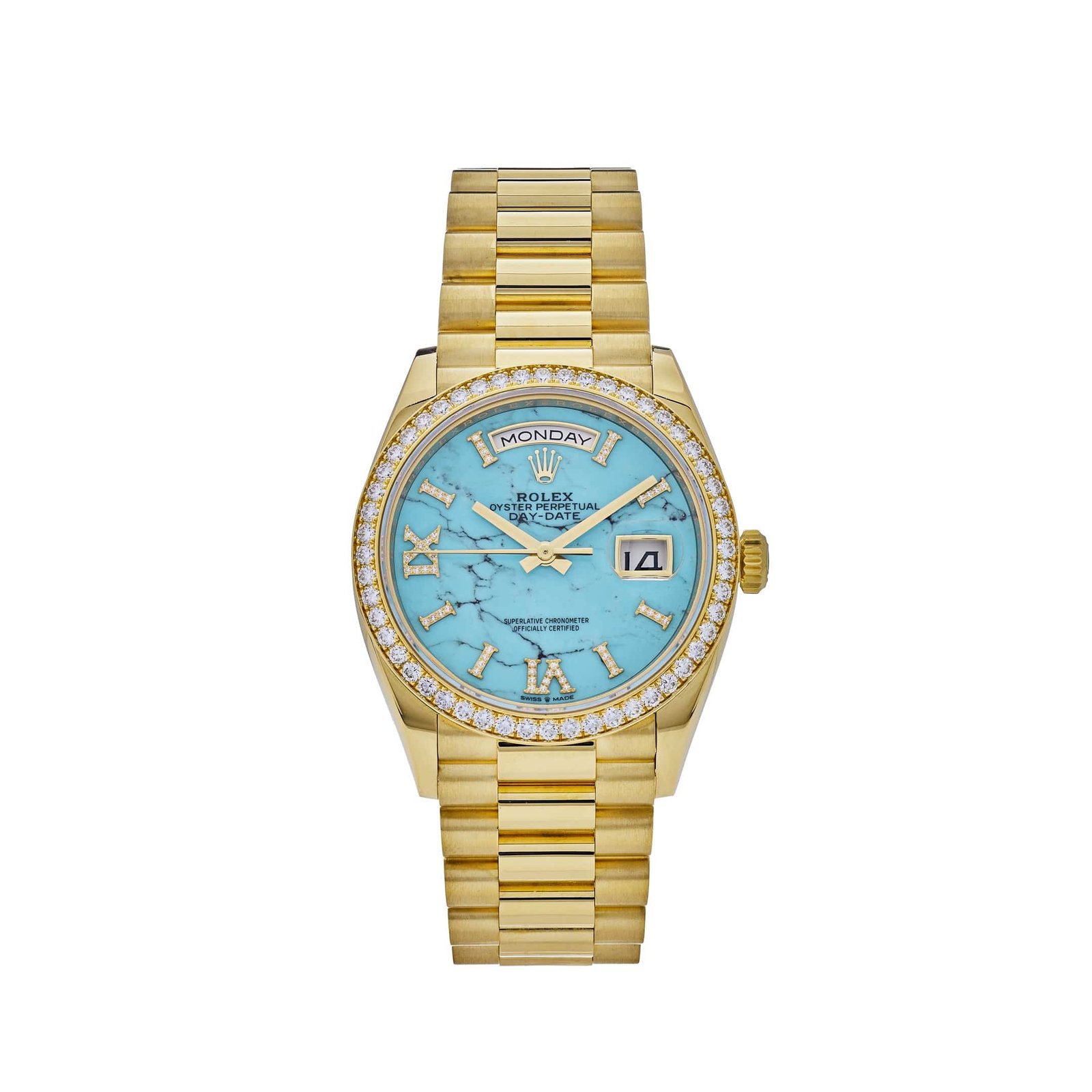 rolex-day-date-36-yellow-gold-diamond-bezel-turquoise-diamond-dial-128348rbr-rolex-40478256136436 Rolex Day-Date 36 128348RBR Yellow Gold Diamond Bezel Turquoise Diamond Dial - Image 1